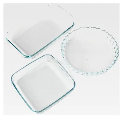 Produktbild von Auflaufformen aus Glas, Set mit 3 Formen, rund, klein, rechteckig, quadratisch