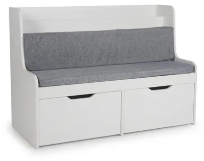 Obrázok produktu pre Detská lavica Relaxdays s úložným priestorom, VxŠxH: 70 x 100 x 45 cm, lavica na čítanie, 2 zásuvky, odkladacia plocha na knihy, sedák s čalúnením, biela/sivá