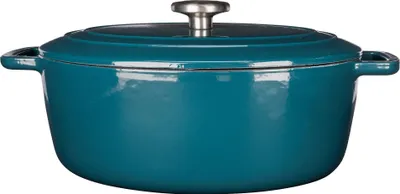 A teal enameled cast iron Dutch oven with a silver lid handle, shown from the front on a white background.