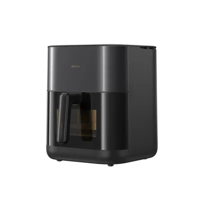 A studio shot of a black air fryer on a white background.