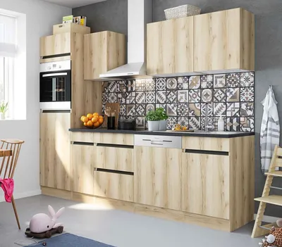 A modern kitchen setup with wooden cabinets, a tiled backsplash, and appliances.