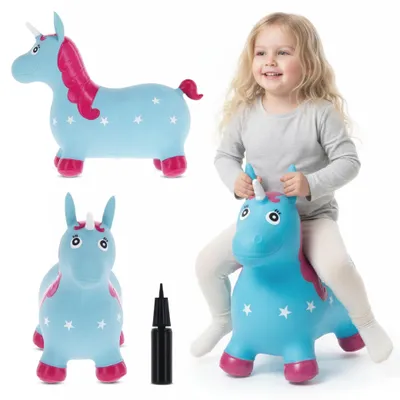 Produktbild von SUN BABY hüpftiere ab 1 Jahr mit Pumpe aufblasbares Hüpfspielzeug aus hochwertigem und strapazierfähigem Gummi blaues Einhorn mit weißem Horn