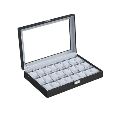 Produktbild von SONGMICS Uhrenbox, abschließbarer Uhrenkasten, Uhrenkoffer, Organizer für Uhren, mit 24 Fächern, Glasdeckel, Geschenk für die Liebsten, PolyurethanBezug in Schwarz, Samtfutter in Grau BWJ024