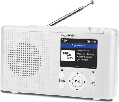 A white digital radio with an extended antenna, displaying song information on its screen.
