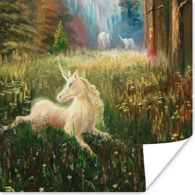 Produktbild von MuchoWow® Poster Eine Illustration eines Einhorns in einem Wald - Mädchen - Kinder - Kinder 100x100 cm - Babyzimmer