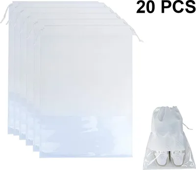 Produktbild von 20er Schuhbeutel, Wasserabweisend Schuhtasche Staubdicht Schuhsack Stoffbeutel mit Zugband/Transparente Fenste, Ideal für Reisen oder Zuhause-Aufbewahrung, 32 * 44cm(Weiß)
