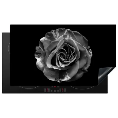 Produktbild von KitchenYeah© Herdabdeckplatte Blumen - Rose - Schwarz - Weiß - Botanisch , 91x52cm, Küche Deko, Glaskeramikkochfeld Herdabdeckung, Abdeckplatte fùr Kochfeld