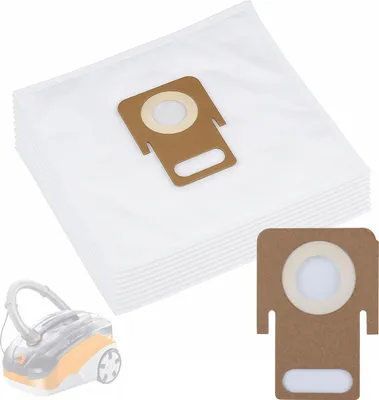 A stack of white vacuum cleaner bags with a close-up of one bag in the foreground, and a small, faded image of a vacuum cleaner in the bottom left corner.