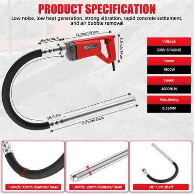Obrázek produktu pro Elektrický vibrační nástroj pro beton – 1800 W – 4000 otáček za minutu – hlava 35 mm – hřídel 1,5 m – 220 V, přenosný