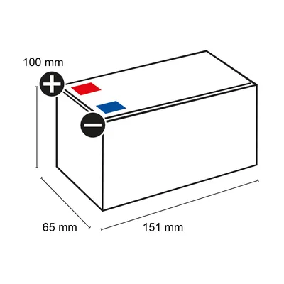 A line drawing of a battery with dimensions and polarity markings.
