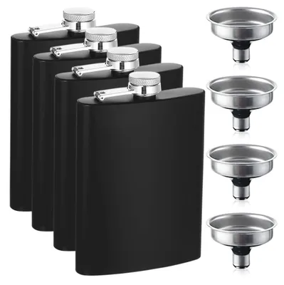 Flachmann 227 ml, Edelstahl, schwarz, 4er-Set mit Trichter