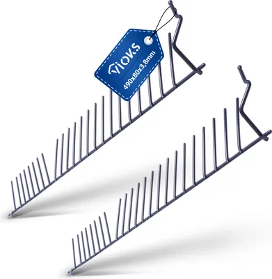 Two black metal dish racks with a blue tag on one of them.