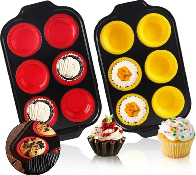 Produktbild von Muffinblech, 2 Stš¹ck Mini-Silikon-Kohlenstoffstahl-Muffinform, fš¹r 12 Muffins, Antihaftbeschichtet Backform, fš¹r Papierbecherkuchen,(Rot and Gelb)