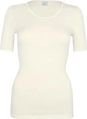 Produktbild von wobera NATUR Damen-Unterhemd mit halbem Arm oder T-Shirt oder T-Shirt mit 70% Schurwolle GOTS und 30% Seide (Gr. L, Farbe: naturweiß)