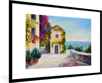 Produktbild von MuchoWow® Gerahmtes Poster Malerei - Haus - Ölfarbe - Dorf 90x60 cm - Poster mit Schwarzem Bilderrahmen Wandposter Rahmen Foto Bilder - Wanddekoration - Fotos