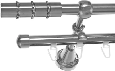 Produktbild von Gardinenstange Rohr und Innenlauf Edelstahl Look, Metall, Durchmesser 16mm, Wandträger H14RI, 2-läufig, Länge 120, Endkappe E25