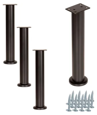 Zdjęcie produktu dla Zestaw 4 regulowanych nóżek meblowych o wysokości 25–42 cm, metalowe, czarne matowe, proste nóżki do szafek wraz ze śrubami (do 150 kg)
