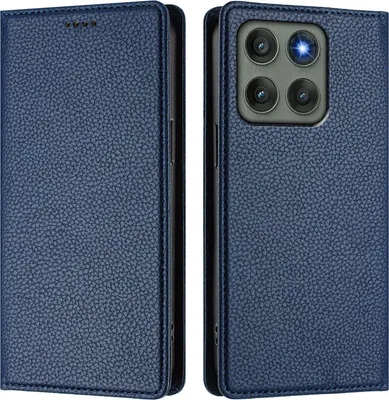 A blue leather flip case for a smartphone is shown from two angles, open and closed.