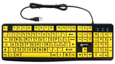 Obrázok produktu pre Geemarc, káblová USB-A klávesnica pre počítač, rozloženie QWERTY, talianska verzia, veľké klávesy, čierna/žltá