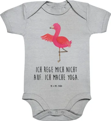 Produktbild von Mr. & Mrs. Panda overall baby Flamingo Yoga 12. - 18. Monat - Heather Grey - Geschenk, Yogi, Strampler, Babybody, body kurzarm, Achtsamkeit, babykleidung, Meditieren