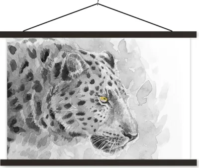 Produktbild von MuchoWow® Textilposter Leopard - Schwarz - Weiß - Profil 60x40 cm mit schwarzem Rahmen - Hölzernes