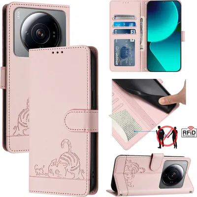 Produktbild von Leder Hülle für Xiaomi 12S Ultra Süße Katze Flip Case Brieftasche Schutzhülle mit Standfunktion Pink