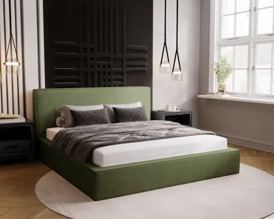 Obrázek produktu pro Čalouněná postel 200x200 Amare – manželská postel, úložný prostor, rošt – samet, designová postel, zelená