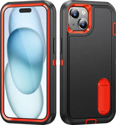 Produktbild von Hülle für iPhone 14 Plus /iPhone 15 Plus Hybrid Dreilagige Robust Stoßfest Schwerlast Schutzhülle mit Ständer Schwarz Orange