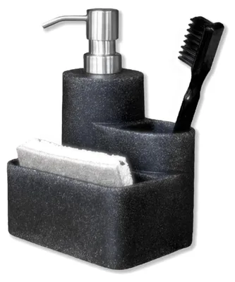 Produktbild von 310 ml Seifenspender mit Bürsten- und Schwammhalter | Küchenseifenspender-Set | Pumpspender aus Edelstahl für Flüssigseife | Kunstharz (schwarz)