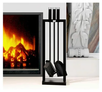 Produktbild von Kaminbesteck Set - 3-teiliges Set mit Ständer - inklusive Schaufel, Besen und Schürhaken - schwarz pulverbeschichtet mit Stahl- und Edelstahlgriffen - 59,5 cm