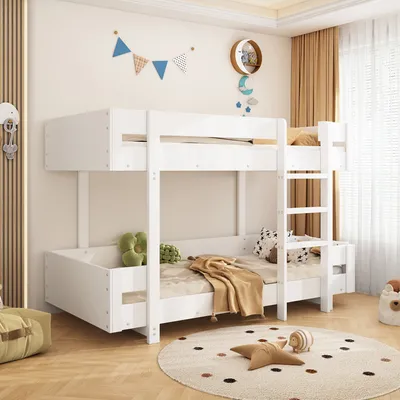 Obrázek produktu pro okwish patrová postel 90x200cm se schody, podkrovní postel s ochranou proti vypadnutí, dětská postel pro mládež s roštovým rámem, rám postele z masivního dřeva, bílý