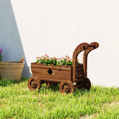 Produktbild von Pflanzbeet Holz Wagenform, Hochbeet rollbar Tannenholz, Blumenkasten Vintage, Verkohlt | 68 x 38 x 52 cm | 4 Räder | Drainagelöcher