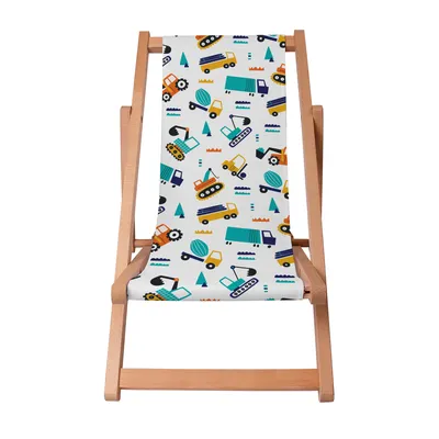 A child's foldable deck chair with a vehicle pattern.