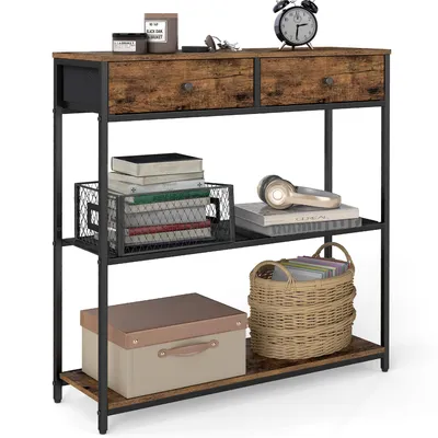 A narrow console table with two drawers and three shelves, decorated with various items.