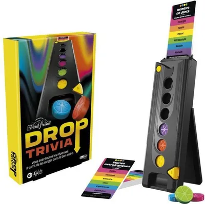A product shot of the Drop Trivia board game and its components, presented on a white background.