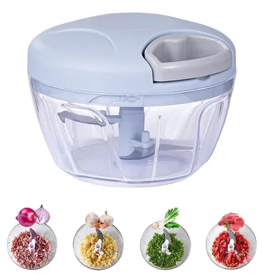 Produktbild von Gemüseschneider 500ml mit Seilzug und 3 Edelstahlklingen für Küche, Gemüse, Knoblauch, Zwiebeln