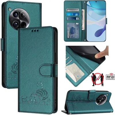 Obrázek produktu pro Kožené pouzdro pro OnePlus 12, sladká kočka Flip pouzdro s funkcí stojánku a peněženkou zelené