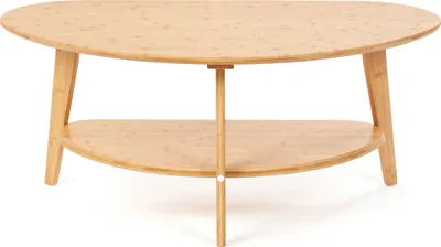 A light brown, oval-shaped coffee table with a lower shelf, made of bamboo, is shown against a white background.