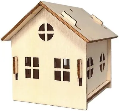 Obrázok produktu pre Dekoratívny domček z dreva, prírodná farba, miniatúrne domčeky na poskladanie, určené pre LED sviečky, na zavesenie, rozmery: 7,3 cm x 8,4 cm x 7,8 cm