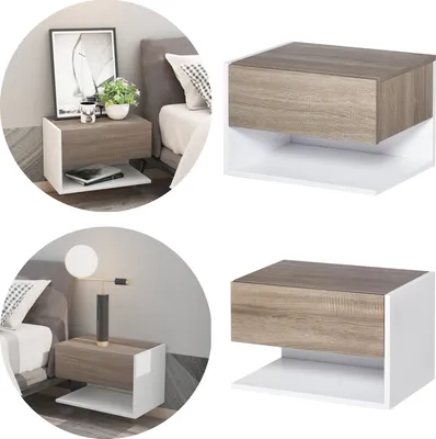 Collage of a modern floating nightstand with a drawer and open shelf, shown in different bedroom settings and as a standalone product.