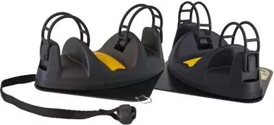 Two black and yellow ski/snowboard racks are shown against a white background.