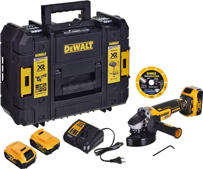 A DeWalt cordless angle grinder kit is displayed on a white background, including the tool, batteries, charger, cutting disc, and storage case.