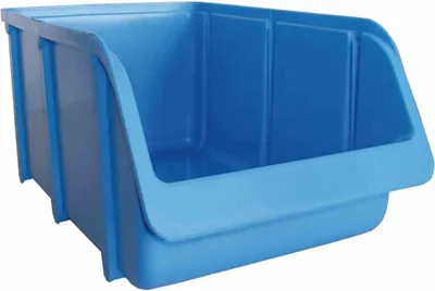 A blue plastic storage bin is shown against a white background.