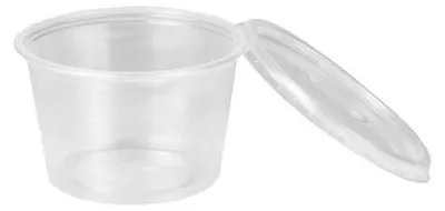 A clear plastic food container with its lid slightly ajar.