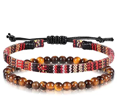 Produktbild von Made by Nami Boho Surfer-Armband 2er Set Herren & Damen - Handmade Strand Festival Accessoires - Azteken-Band Ethno Style - Männer Frauen Perlen-Armband