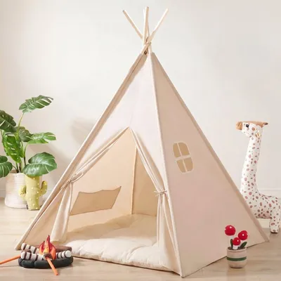 Produktbild von Homeblend Tipi Zelt für Kinder 120x120x150 cm – Spielzelt für Jungen & Mädchen – Kinderzelt mit Fenstern – Spielhaus fürs Kinderzimmer – Baumwolle – Creme Boho-Stil