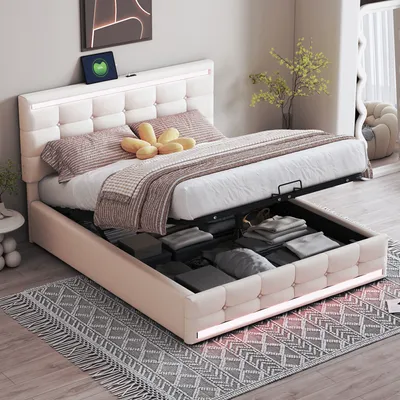 Produktbild von Flieks Čalúnená posteľ 140x200 cm s 2 USB, Boxspring posteľ Manželská posteľ s úložným priestorom a lamelovým rámom, Posteľ pre mladých s led osvetlením, Funkčná posteľ z masívu, posteľná bielizeň, béžová