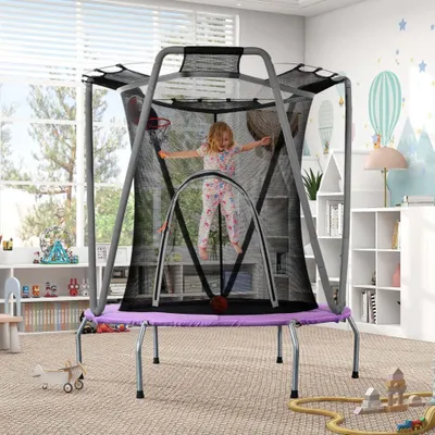 Produktbild von AIORBER Kindertrampolin, mit Netz,Basketballkorb,aus verzinktem Stahl,mit  Schutzmatte,trampoline,Zwei-Wege-Reißverschluss-Design, 147x147x157cm, Grau