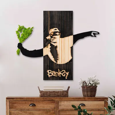 Image de Wallity, Banksy - Flower Thrower 2, Accessoire mural décoratif en bois, noir, 100 % BOIS / MOUSSE / MÉTAL, 69 x 58 x 3 cm