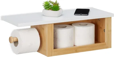 Zdjęcie produktu dla Półka na rolki papieru toaletowego z półką - Bambus - Reserve - Otwarta półka - 17 x 50 x 18 cm - Do montażu na ścianie - Naturalny wygląd - Biały